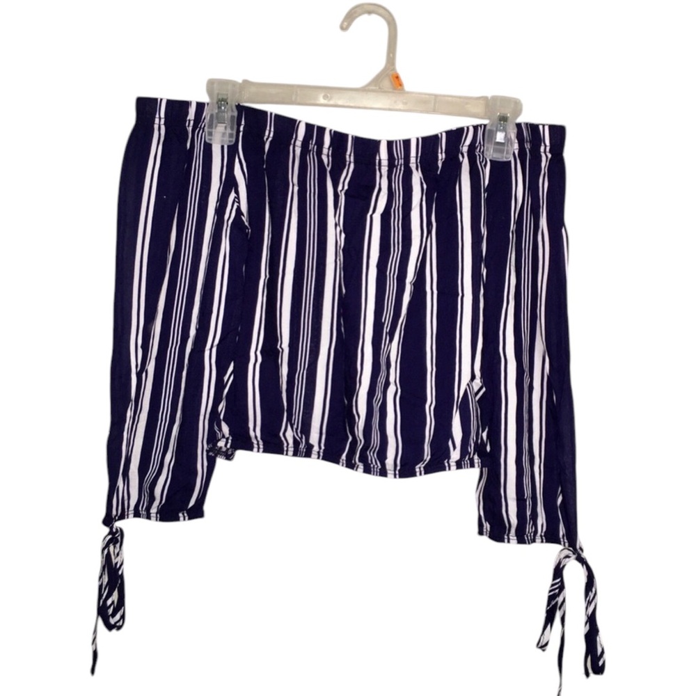 Off Shoulder Navy Blue and White Striped Top 🦋